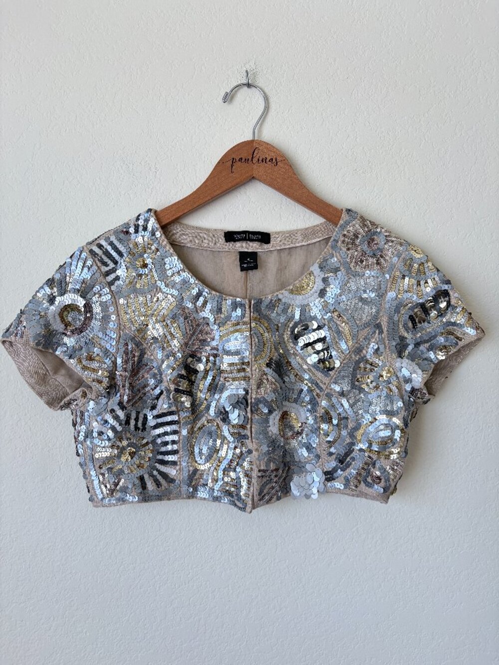 White House Black Market Top Womens Small Silver Metallic Sequin Linen Crop S